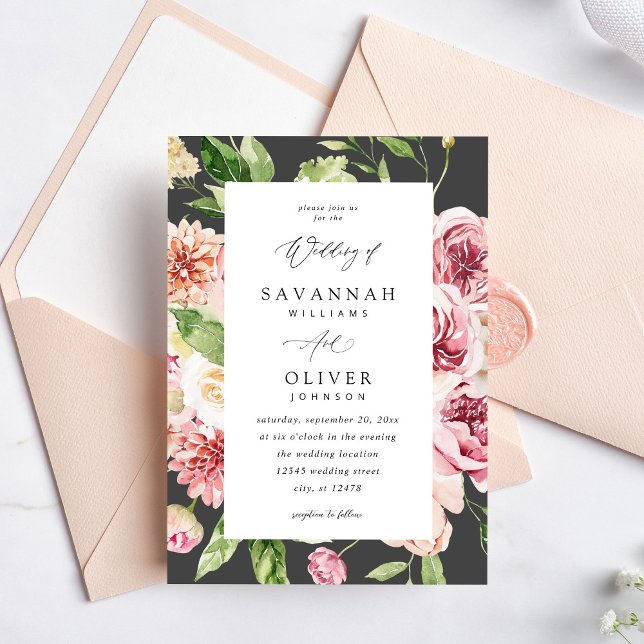 Pink & Peach Floral & Greenery Wedding - Gray V2 Invitation (Creator Uploaded)