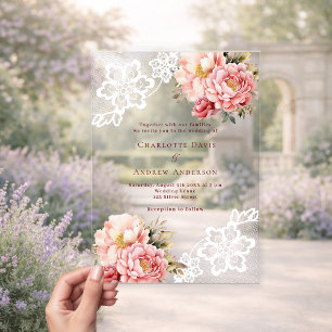 Pink peach floral lace wedding acrylic invitations