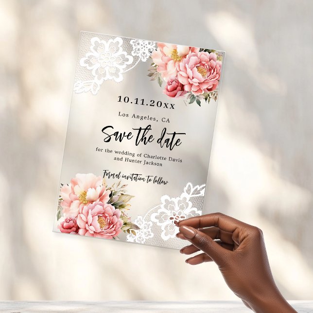 Pink peach floral lace wedding Save the Date card (Creator Uploaded)