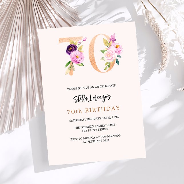Pink peach floral number gold 70th birthday luxury invitation (Creator Uploaded)