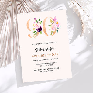 Pink peach floral number gold 90th birthday luxury invitation