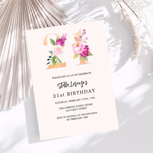 Pink peach floral number gold luxury 21st birthday invitation