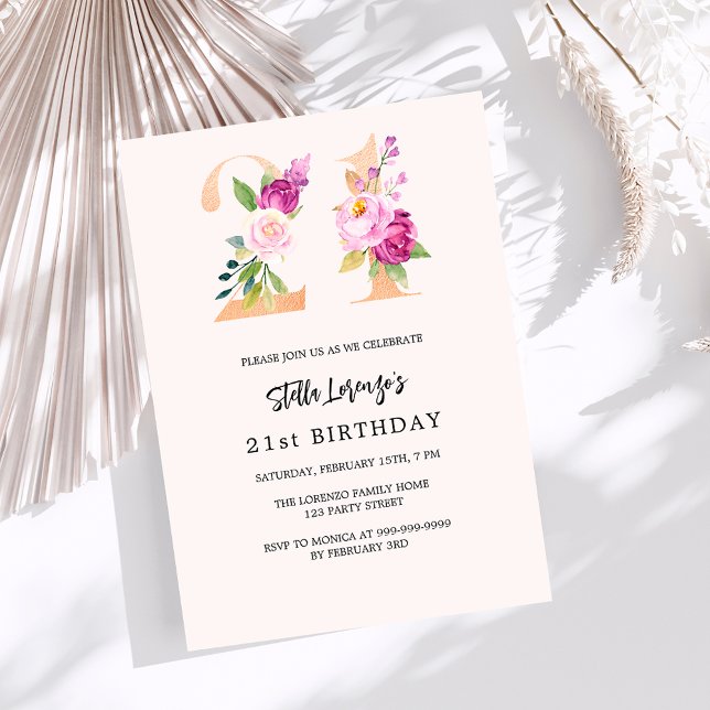 Pink peach floral number gold luxury 21st birthday invitation (Creator Uploaded)