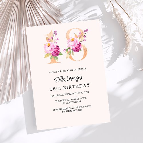 Pink peach floral numbers gold 18th birthday invitation