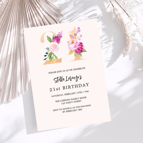Pink peach floral numbers gold 21st birthday invitation