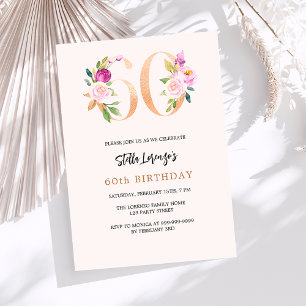 Pink peach floral numbers gold 60th birthday invitation
