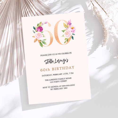 Pink peach floral numbers gold 60th birthday invitation