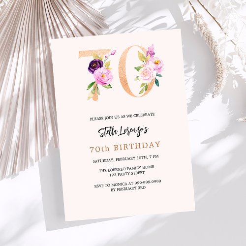 Pink peach floral numbers gold 70th birthday invitation