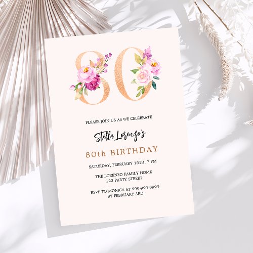 Pink peach floral numbers gold 80th birthday invitation