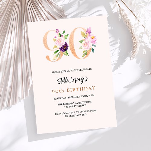 Pink peach floral numbers gold 90th birthday invitation