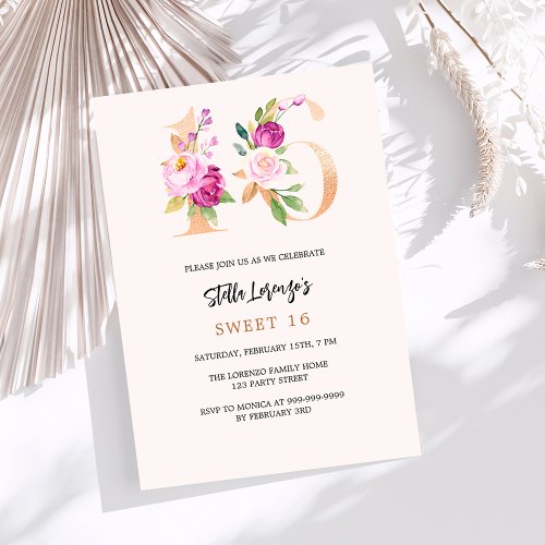 Pink peach floral numbers gold Sweet 16 Invitation