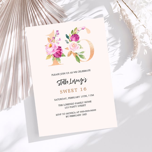 Pink peach floral numbers gold Sweet 16 luxury Invitation (Creator Uploaded)