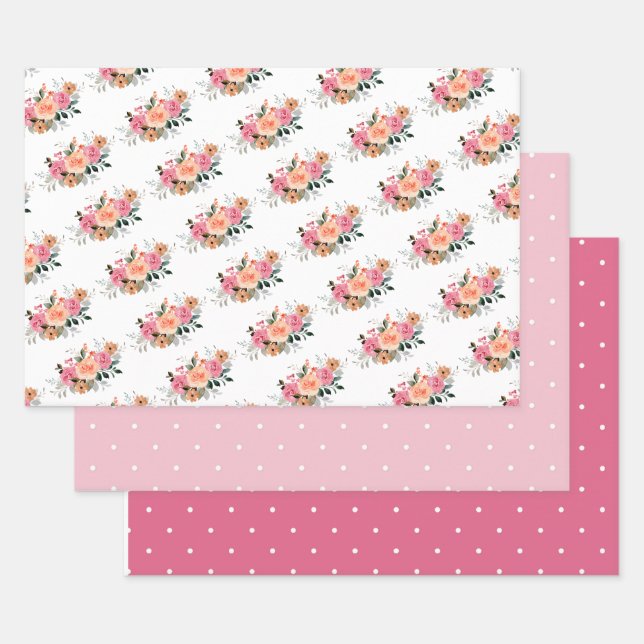Pink Peach Floral & Polka Dots Flat Sheet Set of 3 (Set)