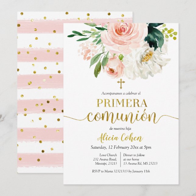 Pink Peach Floral Primera comunión Invitacion Invitation (Front/Back)
