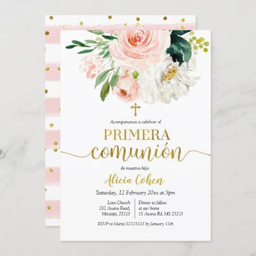 Pink Peach Floral Primera comunin Invitacion Invitation