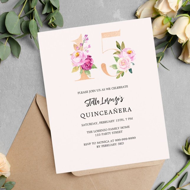 Pink peach floral Quinceanera budget invitation (Creator Uploaded)