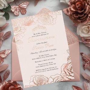 Pink Peach Floral Rose Gold Quinceanera  Foil Invitation