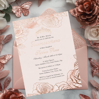 Pink Peach Floral Rose Gold Quinceanera  Foil Invitation