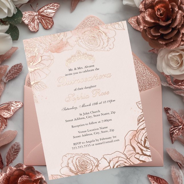 Pink Peach Floral Rose Gold Quinceanera  Foil Invitation (Creator Uploaded)