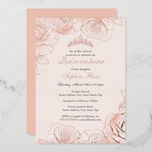 Pink Peach Floral Rose Gold Quinceanera  Foil Invitation