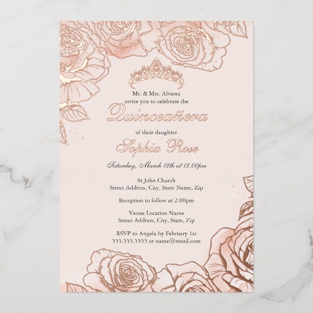 Pink Peach Floral Rose Gold Quinceanera  Foil Invitation