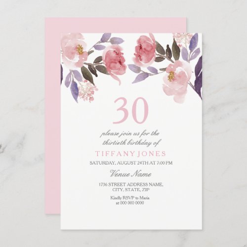 Pink Peach Floral Watercolor 30th Birthday Invite