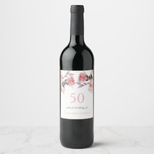 Pink Peach Floral Watercolor 50th Birthday Wine Label