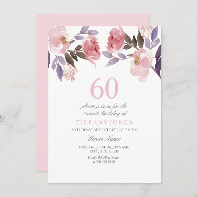 Pink Peach Floral Watercolor 60th Birthday Invite (Front/Back)