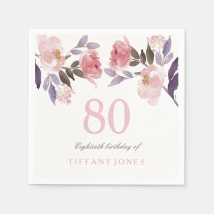 Pink Peach Floral Watercolor 80th Birthday Napkins
