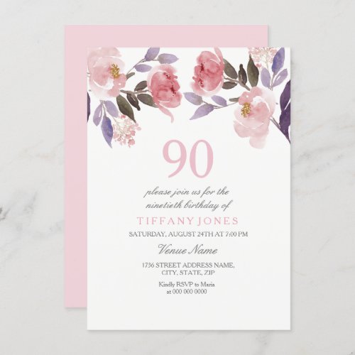 Pink Peach Floral Watercolor 90th Birthday Invite