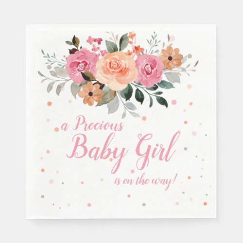 Pink Peach Floral Watercolor Baby Girl Shower Napkins