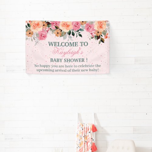 Pink Peach Floral Watercolor Baby Shower  Banner