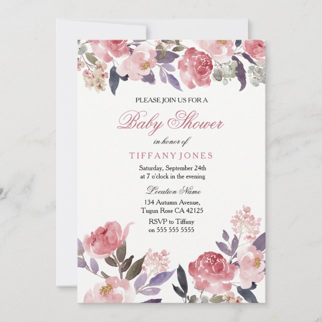 Pink Peach Floral Watercolor Baby Shower Invite (Front)