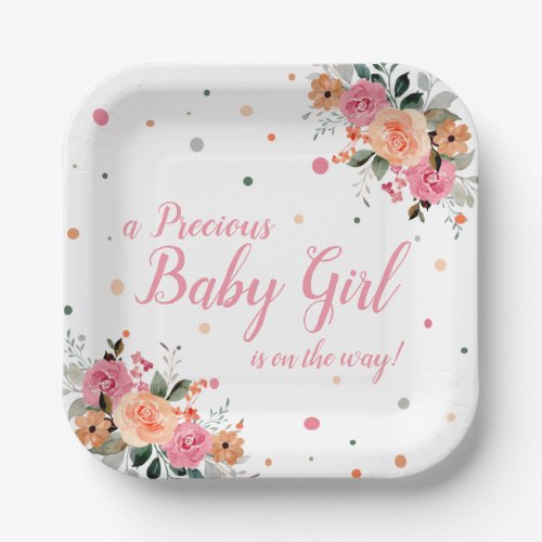 Pink Peach Floral Watercolor Girls Baby Shower  Paper Plates