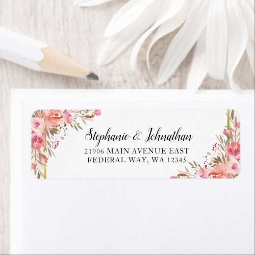 Pink Peach Floral Watercolor Gold Return Address Label