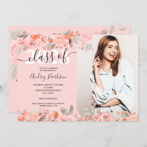 Pink peach floral watercolor photo graduation invitation