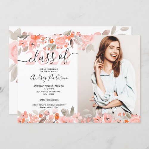 Pink peach floral watercolor photo graduation invitation