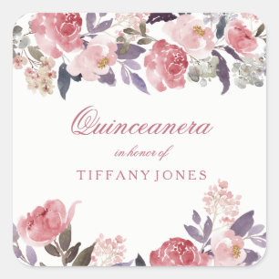 Pink Peach Floral Watercolor Quinceanera Party Square Sticker