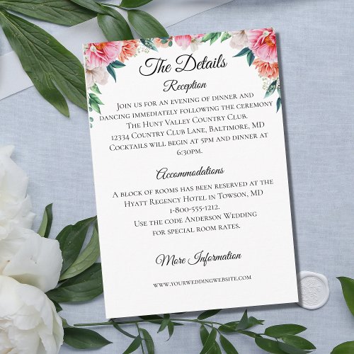 Pink Peach Floral Wedding Details Enclosure Card