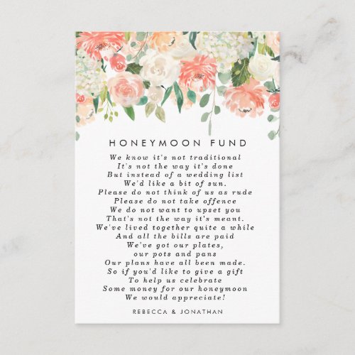 pink peach floral wedding honeymoon fund card