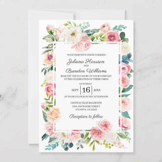 Pink & Peach Floral Wedding Invitation | Zazzle