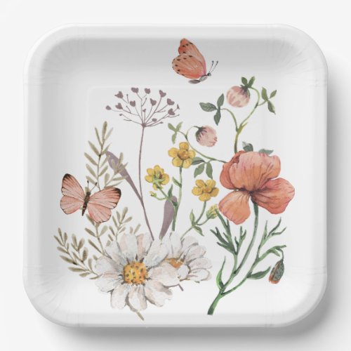 Pink Peach Floral Wildflowers Square Paper Plates