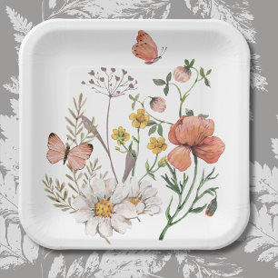 Pink Peach Floral Wildflowers Square Paper Plates