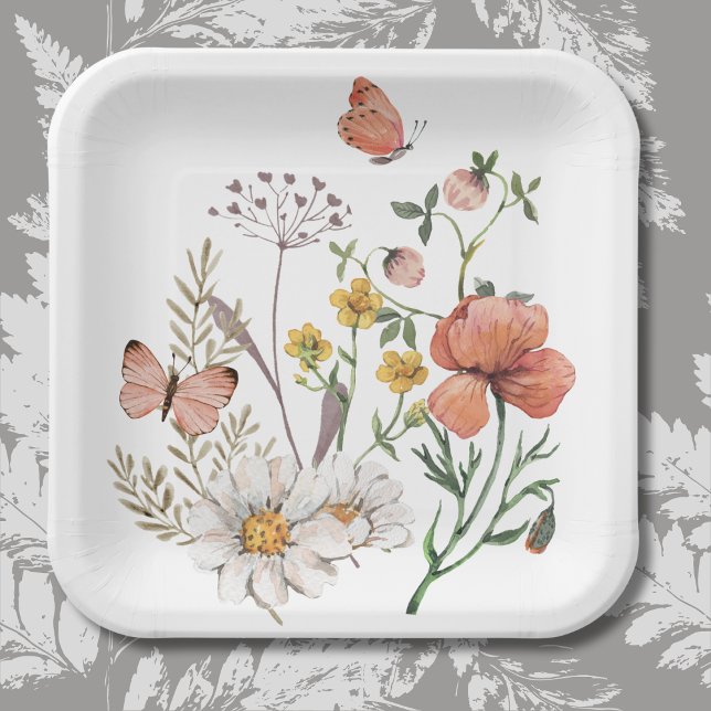Pink Peach Floral Wildflowers Square Paper Plates (Creator Uploaded)