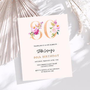 Pink peach florals 80th birthday budget invitation