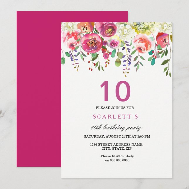 Pink Peach Flowers 10th Birthday Party Invitation (Front/Back)