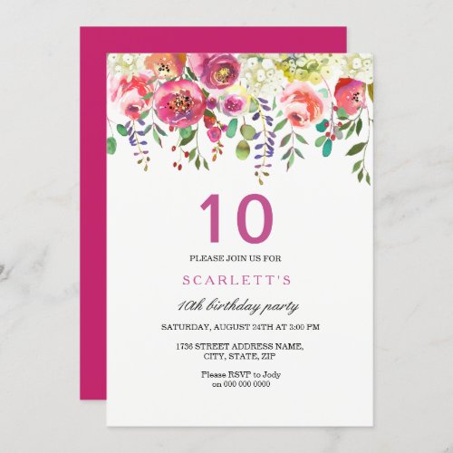 Pink Peach Flowers 10th Birthday Party Invitation