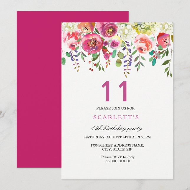 Pink Peach Flowers 11th Birthday Party Invitation (Front/Back)