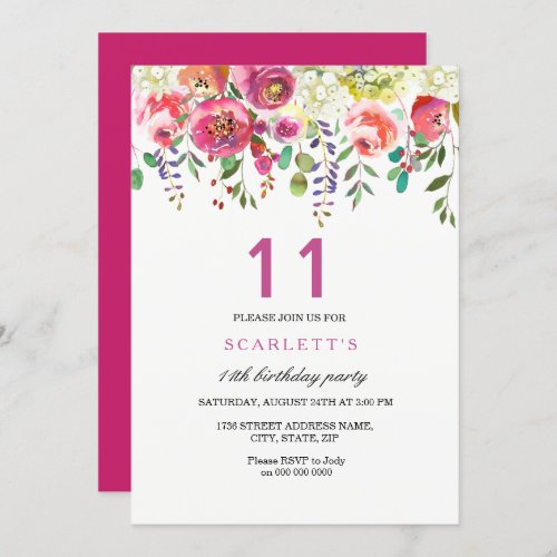 Pink Peach Flowers 11th Birthday Party Invitation