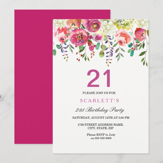 Pink Peach Flowers 21st Birthday Party Invitation (Front/Back)
